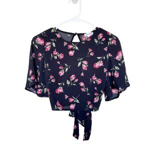 Superdown Black Floral Tie-Back Blouse Small Lightweight Womens Top